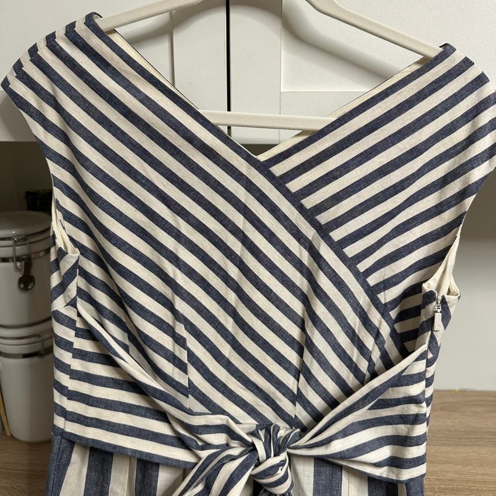 Lafayette 148 Ximena Striped Dress Women M Midi Coastal Linen Tie Pockets Career - Picture 8 of 10